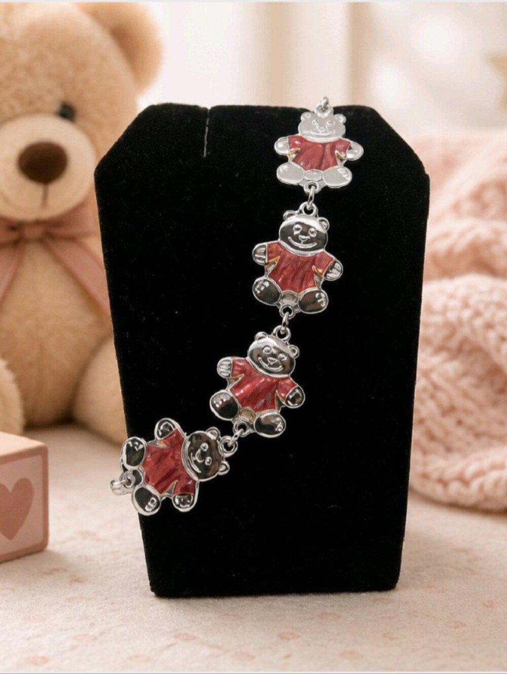 Red Glass Teddy Bear Silver Tone Link Bracelet~Adorable!